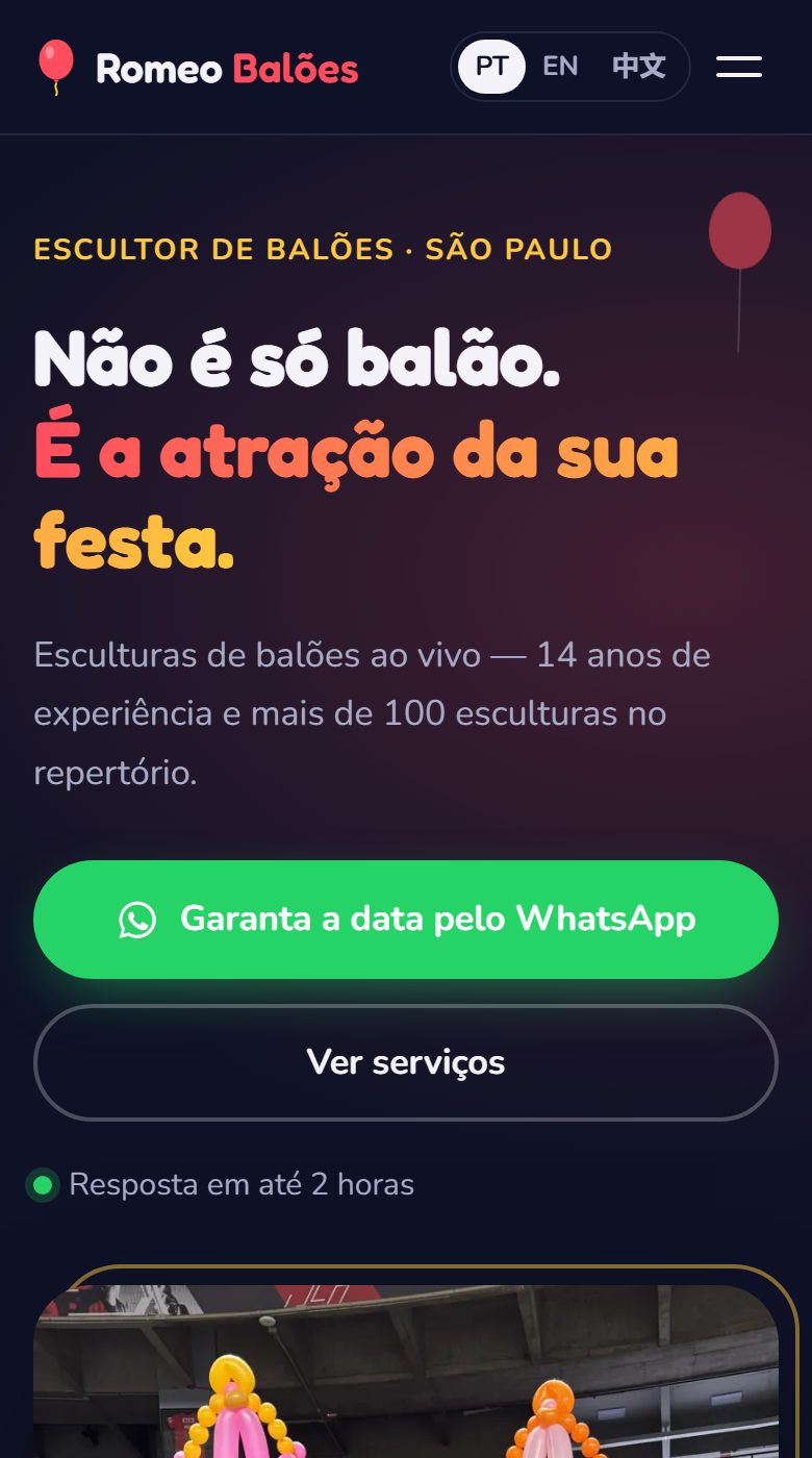 Site do Romeo Balões aberto no celular